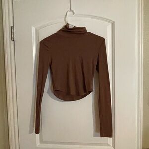 Brown Cropped Turtle Neck Long Sleeve Top